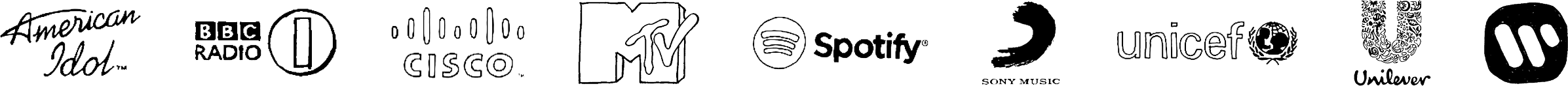 American Idol, BBC Radio 1, Cisco, MTV, Spotify, Sony Music, UNICEF, Unilever and Warner