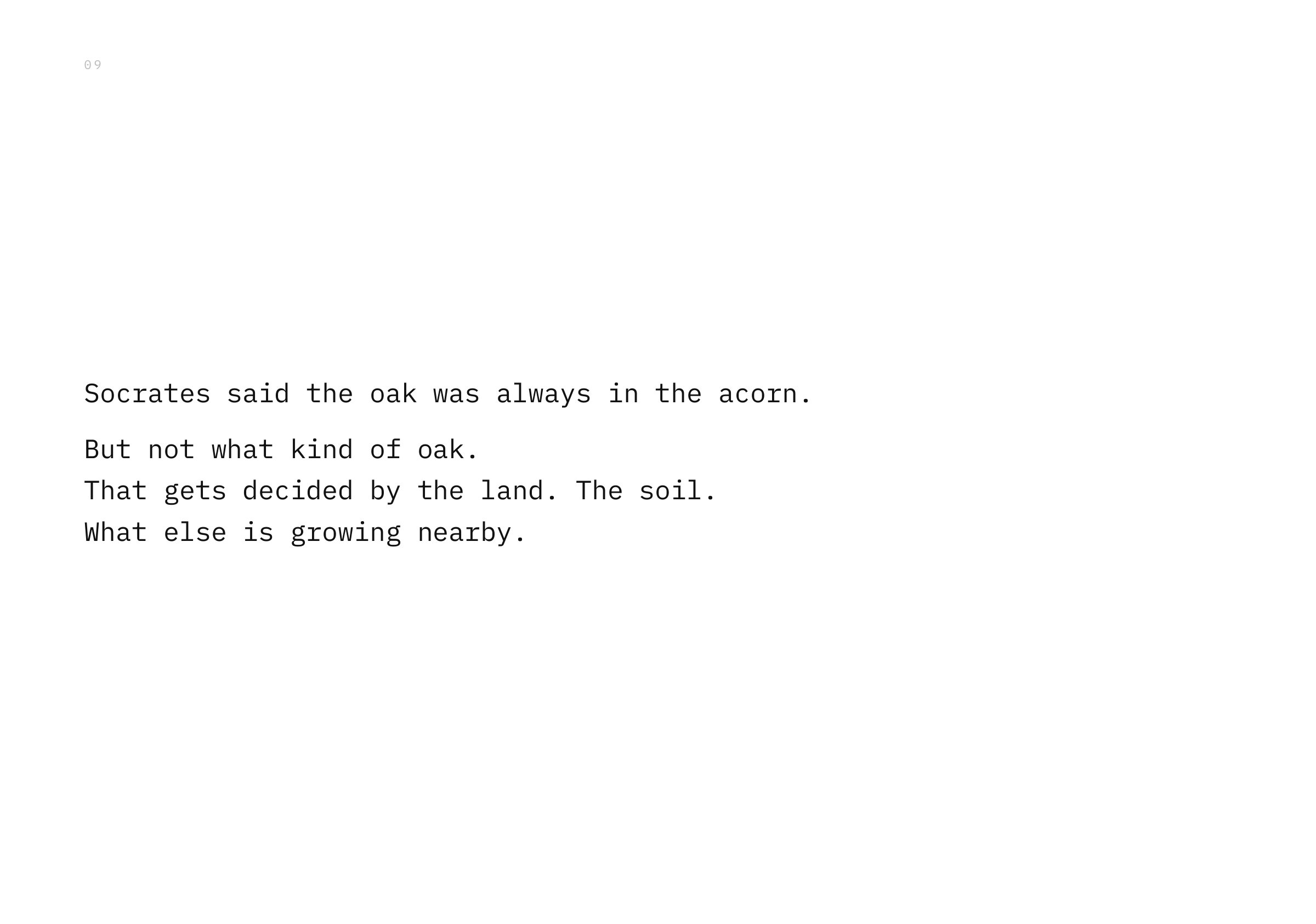 Socrates said the oak was always in the acorn. But not what kind of oak. That gets decided by the land. The soil. What else is growing nearby.