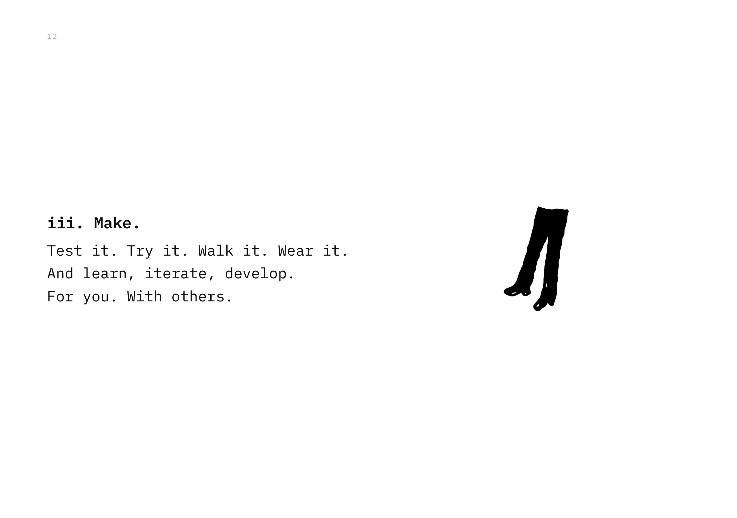 iii. Make. Test it. Try it. Walk it. Wear it. And learn, iterate, develop. For you. With others.